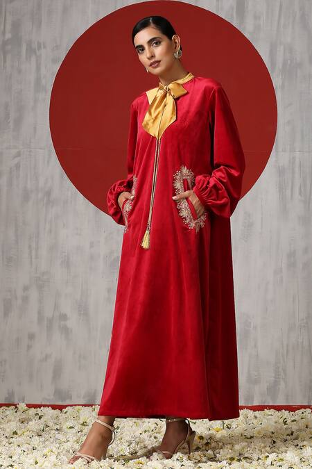 Buy_Wazir C_Red Velvet Embroidery Mandarin Collar Placement Dress _Online_at_Aza_Fashions