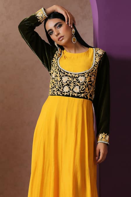 Shop_Wazir C_Yellow Velvet, Muslin, Linen Embroidery Round Kashmiri Aari Yoke Corset Gown _Online_at_Aza_Fashions