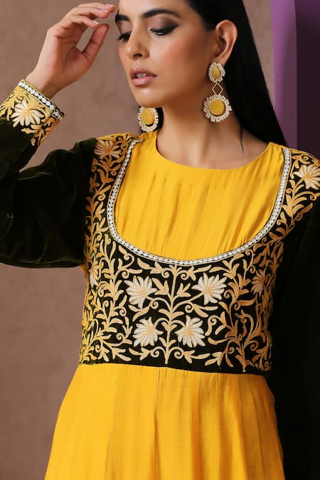 Wazir C_Yellow Velvet, Muslin, Linen Embroidery Round Kashmiri Aari Yoke Corset Gown _at_Aza_Fashions