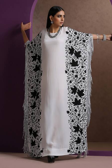 Buy_Wazir C_White Crepe Embroidery Round Neck Kashmiri Aari Kaftan _Online_at_Aza_Fashions