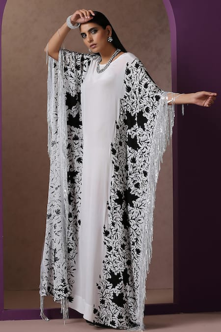 Shop_Wazir C_White Crepe Embroidery Round Neck Kashmiri Aari Kaftan _Online_at_Aza_Fashions