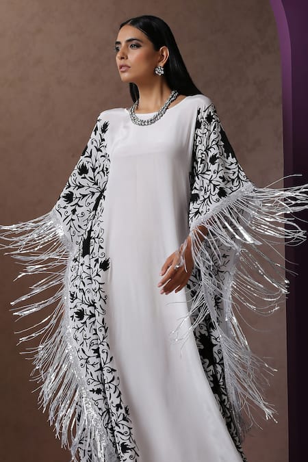 Wazir C_White Crepe Embroidery Round Neck Kashmiri Aari Kaftan _at_Aza_Fashions