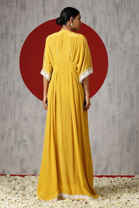 Shop_Wazir C_Yellow Crepe Embroidery V-neck Placement Kaftan _at_Aza_Fashions