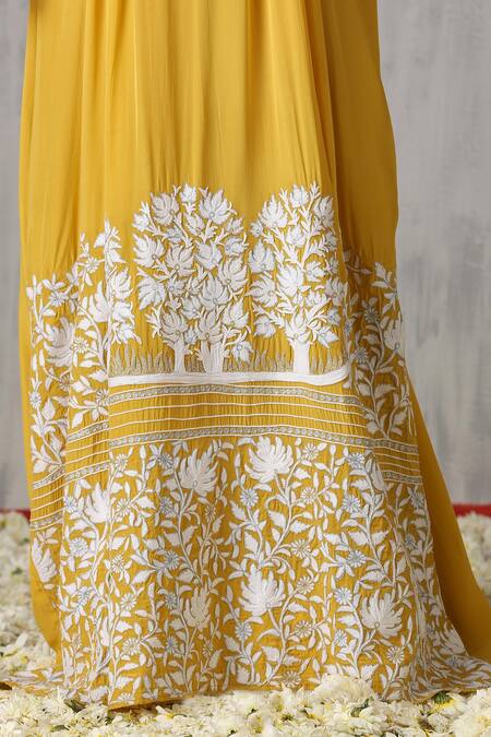 Shop_Wazir C_Yellow Crepe Embroidery V-neck Placement Kaftan _Online_at_Aza_Fashions