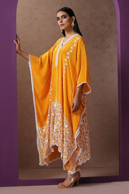 Wazir C_Yellow Crepe Embroidery V-neck Kashmiri Aari Kaftan And Pant Set_at_Aza_Fashions