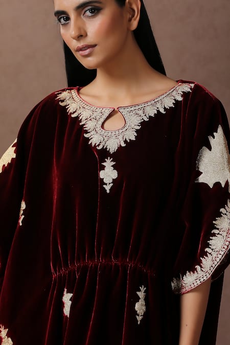 Shop_Wazir C_Maroon Velvet Embroidery Keyhole Neck Kashmiri Tilla Kaftan _Online_at_Aza_Fashions