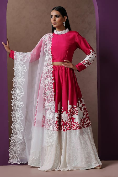 Wazir C_Pink Silk, Organza, Georgette Sequins, Embroidery Kashmiri Aari Lehenga Set _Online_at_Aza_Fashions