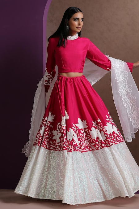 Buy_Wazir C_Pink Silk, Organza, Georgette Sequins, Embroidery Kashmiri Aari Lehenga Set _Online_at_Aza_Fashions