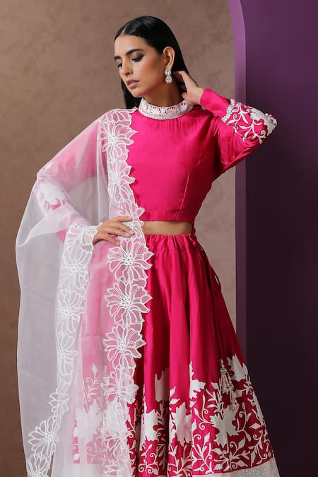 Shop_Wazir C_Pink Silk, Organza, Georgette Sequins, Embroidery Kashmiri Aari Lehenga Set _Online_at_Aza_Fashions