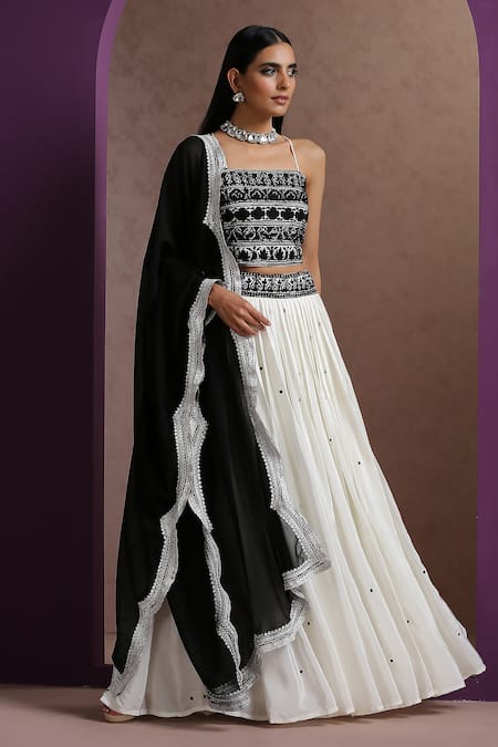 Wazir C_White Crepe, Georgette, Cotton Embroidery Kashmiri Aari Placement Lehenga Set _Online_at_Aza_Fashions
