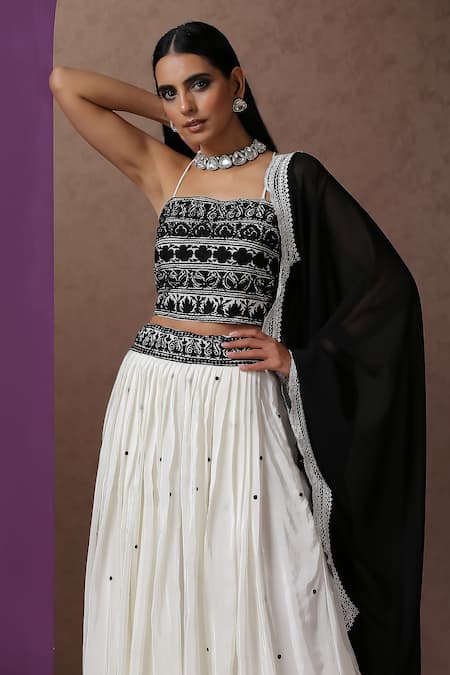 Buy_Wazir C_White Crepe, Georgette, Cotton Embroidery Kashmiri Aari Placement Lehenga Set _Online_at_Aza_Fashions