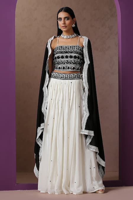 Shop_Wazir C_White Crepe, Georgette, Cotton Embroidery Kashmiri Aari Placement Lehenga Set _Online_at_Aza_Fashions