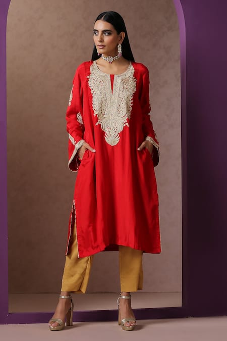 Buy_Wazir C_Red Silk, Organza, Crepe, Cotton Embroidery, Fringe Kashmiri Tilla Pheran Set _Online_at_Aza_Fashions
