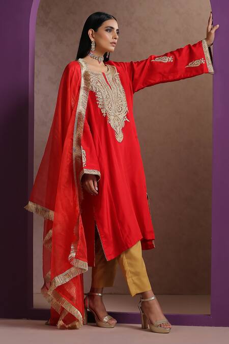 Shop_Wazir C_Red Silk, Organza, Crepe, Cotton Embroidery, Fringe Kashmiri Tilla Pheran Set _Online_at_Aza_Fashions