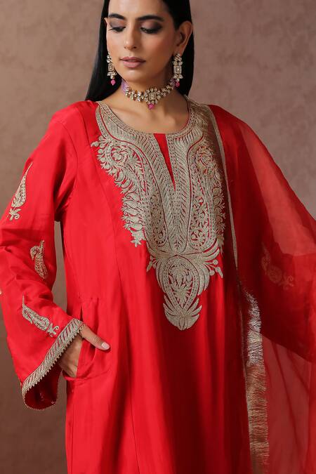 Wazir C_Red Silk, Organza, Crepe, Cotton Embroidery, Fringe Kashmiri Tilla Pheran Set _at_Aza_Fashions