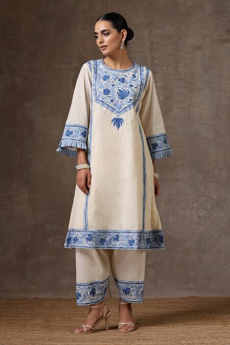 Wazir C_Off White Cotton Embroidery Round Neck A-line Kurta And Salwar Set _Online_at_Aza_Fashions