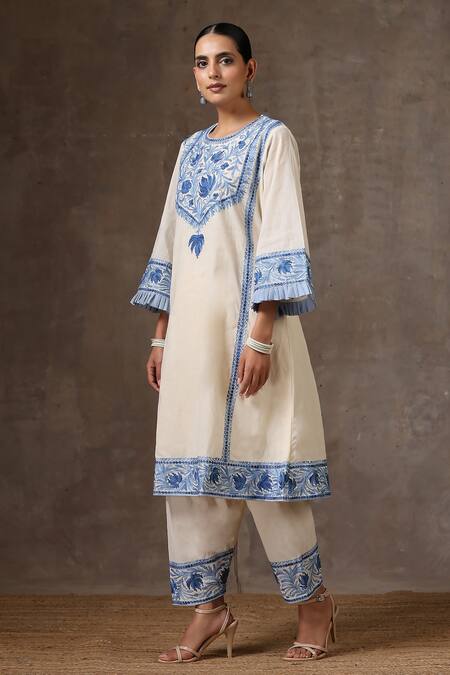 Buy_Wazir C_Off White Cotton Embroidery Round Neck A-line Kurta And Salwar Set _Online_at_Aza_Fashions
