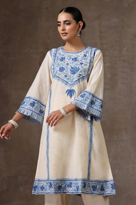 Shop_Wazir C_Off White Cotton Embroidery Round Neck A-line Kurta And Salwar Set _Online_at_Aza_Fashions