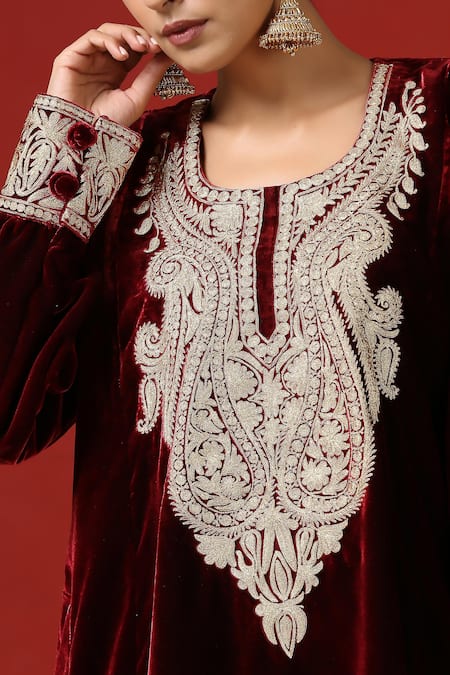 Wazir C_Maroon Cotton Paisley Embroidered Pheran And Pant Set _at_Aza_Fashions