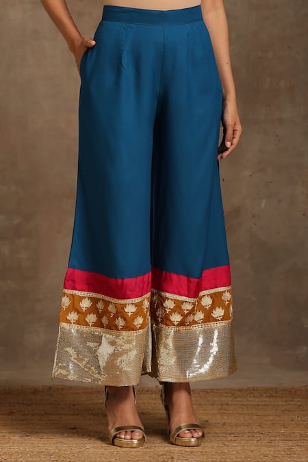 Wazir C_Yellow Cotton, Organza Sequins, Zari, Kashmiri Tilla Pheran Flared Pant Set _Online_at_Aza_Fashions