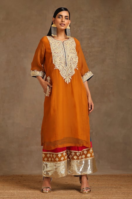 Buy Wazir C Yellow Cotton, Organza Sequins, Zari, Kashmiri Tilla Pheran Flared Pant Set Online at Aza Fashions Buy_Wazir C_Yellow Cotton, Organza Sequins, Zari, Kashmiri Tilla Pheran Flared Pant Set _Online_at_Aza_Fashions