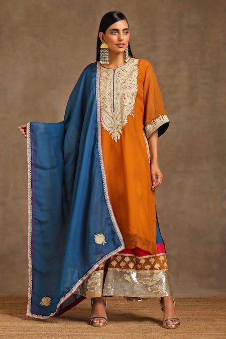 Shop Wazir C Yellow Cotton, Organza Sequins, Zari, Kashmiri Tilla Pheran Flared Pant Set Online at Aza Fashions Shop_Wazir C_Yellow Cotton, Organza Sequins, Zari, Kashmiri Tilla Pheran Flared Pant Set _Online_at_Aza_Fashions