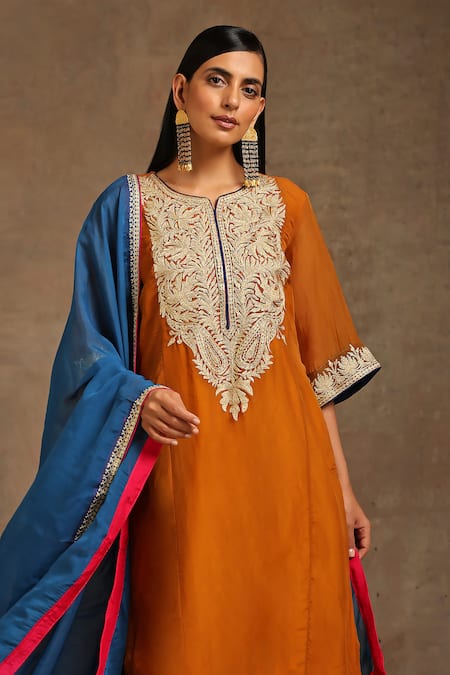 Wazir C Yellow Cotton, Organza Sequins, Zari, Kashmiri Tilla Pheran Flared Pant Set at Aza Fashions Wazir C_Yellow Cotton, Organza Sequins, Zari, Kashmiri Tilla Pheran Flared Pant Set _at_Aza_Fashions