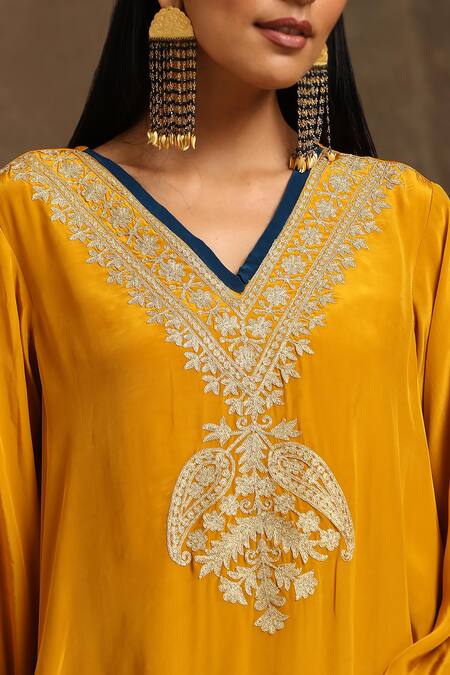 Wazir C_Yellow Crepe, Cotton Embroidery Pheran And Churidar Set _Online_at_Aza_Fashions