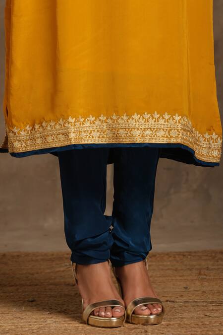 Buy_Wazir C_Yellow Crepe, Cotton Embroidery Pheran And Churidar Set _Online_at_Aza_Fashions