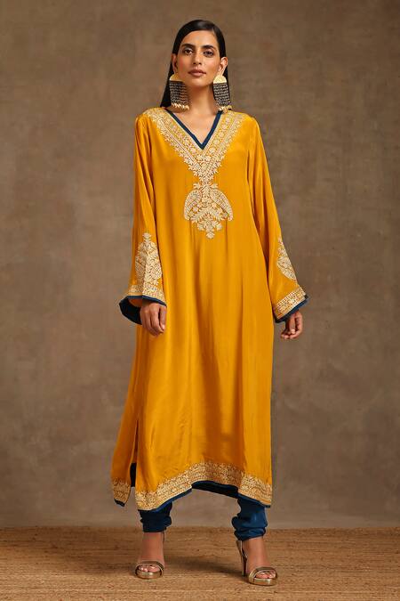 Shop_Wazir C_Yellow Crepe, Cotton Embroidery Pheran And Churidar Set _Online_at_Aza_Fashions