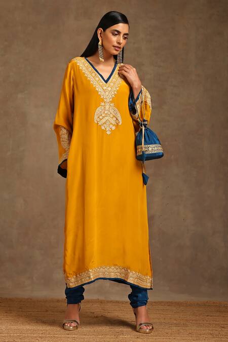 Wazir C_Yellow Crepe, Cotton Embroidery Pheran And Churidar Set _at_Aza_Fashions