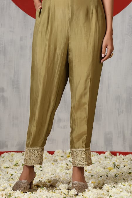 Wazir C_Green Silk, Cotton, Organza Embroidery, Sequins Kashmiri Tilla Pheran Pant Set _Online_at_Aza_Fashions