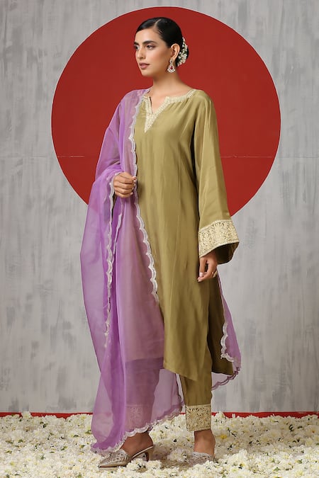 Buy_Wazir C_Green Silk, Cotton, Organza Embroidery, Sequins Kashmiri Tilla Pheran Pant Set _Online_at_Aza_Fashions