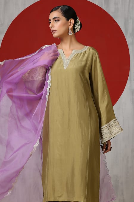 Shop_Wazir C_Green Silk, Cotton, Organza Embroidery, Sequins Kashmiri Tilla Pheran Pant Set _Online_at_Aza_Fashions