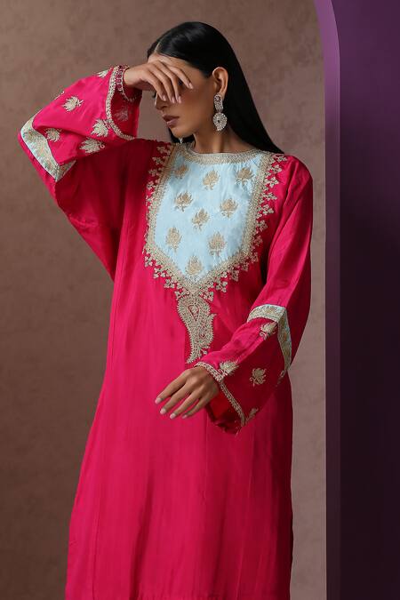 Shop_Wazir C_Pink Silk, Cotton Embroidery Round Neck Pheran And Salwar Set _Online_at_Aza_Fashions