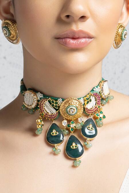 Joules By Radhika_Multi Color Embellished Ruby Choker Set_Online_at_Aza_Fashions