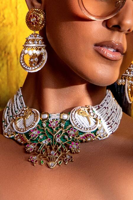 Joules By Radhika_Multi Color Crystals, Pearls Elixir Embellished Choker Set_Online_at_Aza_Fashions