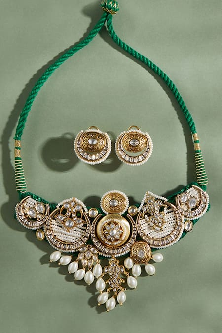 Shop Joules By Radhika Multi Color Pearls Transcendent Polki Embellished Choker Set at Aza Fashions Shop_Joules By Radhika_Multi Color Pearls Transcendent Polki Embellished Choker Set _at_Aza_Fashions