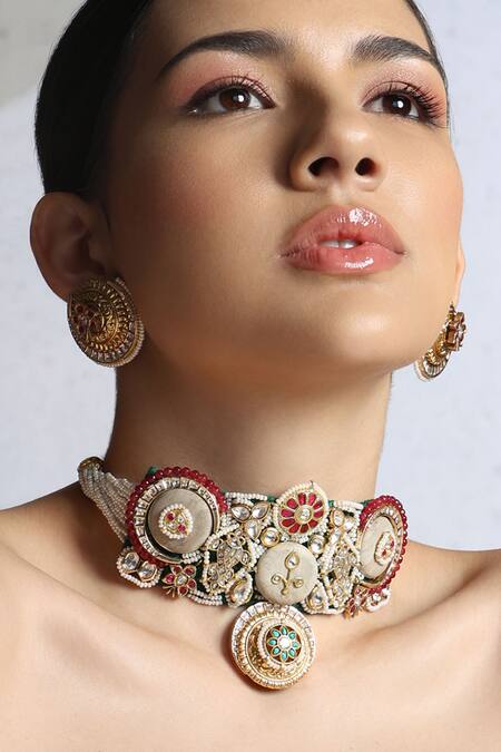 Joules By Radhika_Multi Color Embroidery Prestige Pearls Embellished Choker Set_Online_at_Aza_Fashions