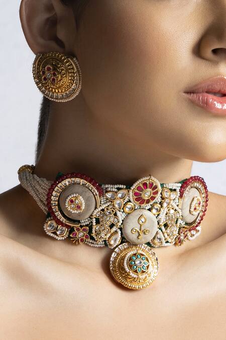 Buy_Joules By Radhika_Multi Color Embroidery Prestige Pearls Embellished Choker Set_Online_at_Aza_Fashions
