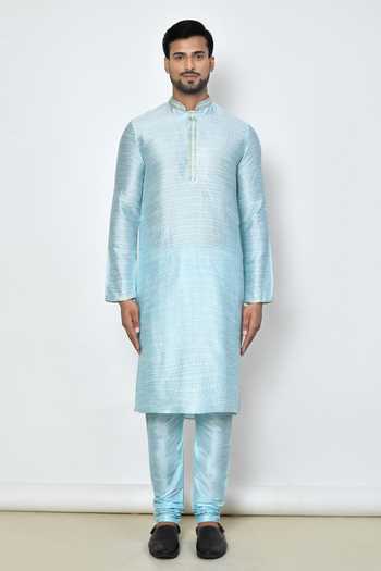 Buy_Arihant Rai Sinha_Blue Dupion Silk Floral Pattern Kurta Set _Online_at_Aza_Fashions