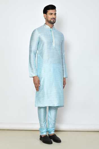 Shop_Arihant Rai Sinha_Blue Dupion Silk Floral Pattern Kurta Set _Online_at_Aza_Fashions