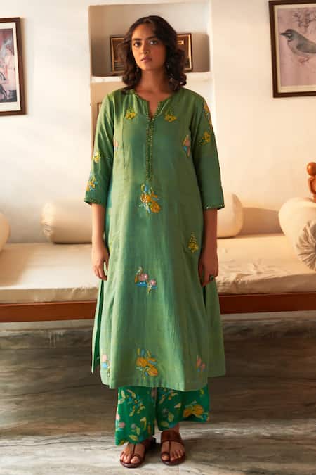 Shop_Label Earthen_Green Cotton Embroidery, Sequins, Mirrors Split Jhumka Sitara Phool Kurta Set _at_Aza_Fashions