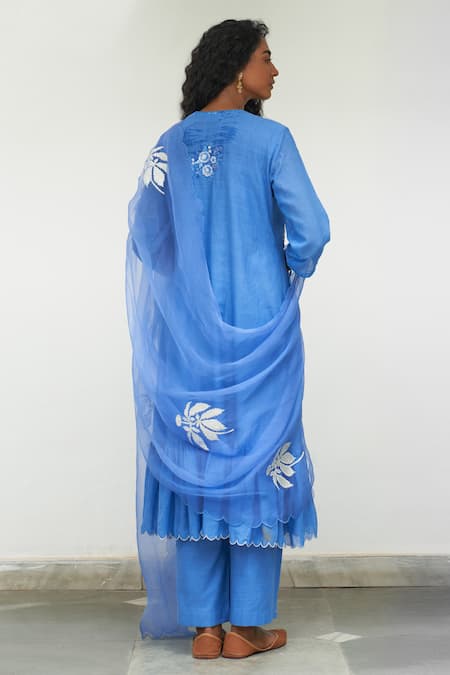 Shop Label Earthen Blue Cotton Embroidery, Mirrors, Sequins Asmani Champa Sitara Anarkali Set at Aza Fashions Shop_Label Earthen_Blue Cotton Embroidery, Mirrors, Sequins Asmani Champa Sitara Anarkali Set _at_Aza_Fashions