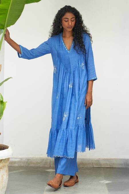 Label Earthen Blue Cotton Embroidery, Mirrors, Sequins Asmani Champa Sitara Anarkali Set Online at Aza Fashions Label Earthen_Blue Cotton Embroidery, Mirrors, Sequins Asmani Champa Sitara Anarkali Set _Online_at_Aza_Fashions