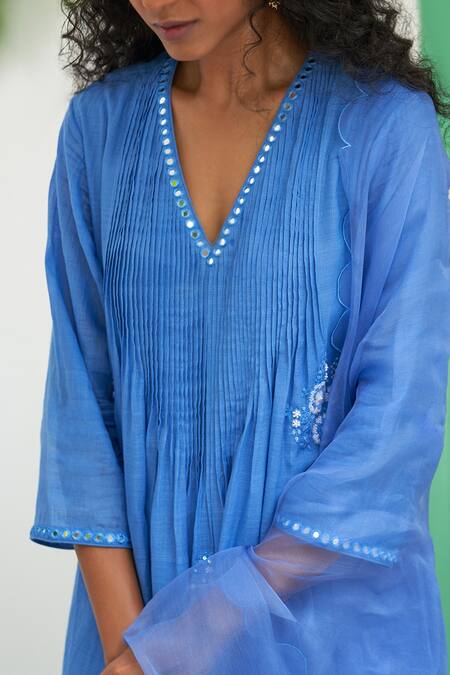 Label Earthen Blue Cotton Embroidery, Mirrors, Sequins Asmani Champa Sitara Anarkali Set at Aza Fashions Label Earthen_Blue Cotton Embroidery, Mirrors, Sequins Asmani Champa Sitara Anarkali Set _at_Aza_Fashions