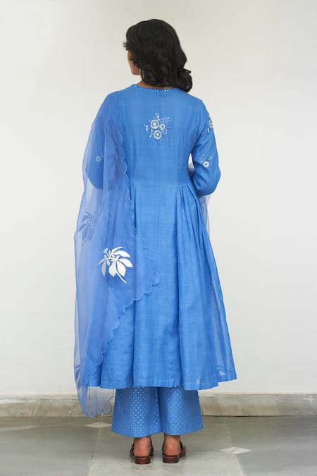 Shop_Label Earthen_Blue Cotton, Organza Embroidery, Sequins, Mirrors Asmani Sitara Anarkali Set _at_Aza_Fashions