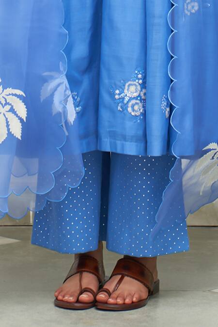 Buy_Label Earthen_Blue Cotton, Organza Embroidery, Sequins, Mirrors Asmani Sitara Anarkali Set _Online_at_Aza_Fashions