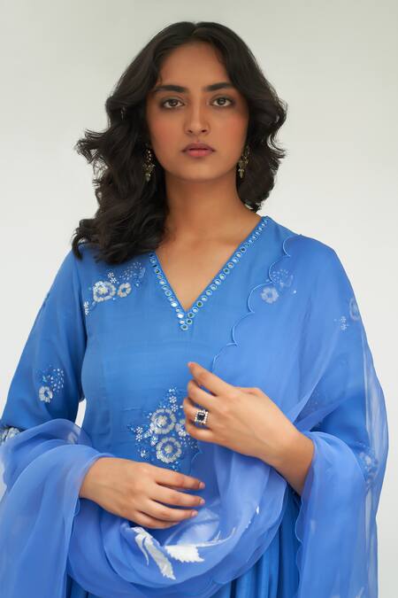 Shop_Label Earthen_Blue Cotton, Organza Embroidery, Sequins, Mirrors Asmani Sitara Anarkali Set _Online_at_Aza_Fashions