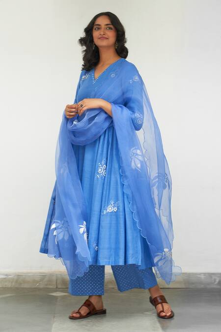Label Earthen_Blue Cotton, Organza Embroidery, Sequins, Mirrors Asmani Sitara Anarkali Set _at_Aza_Fashions
